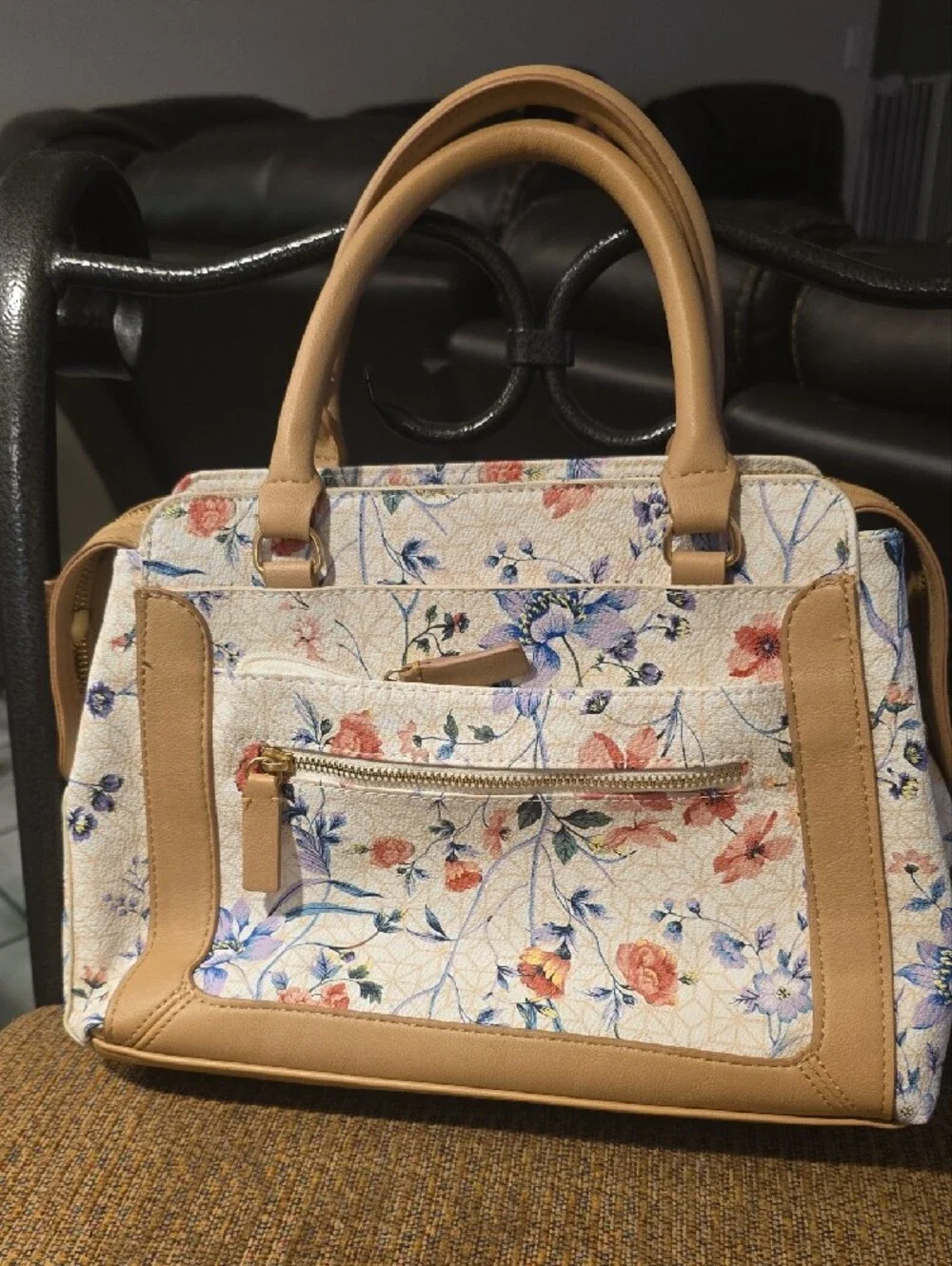 Floral Print Satchel Bag with Tan Trim
